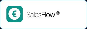 A teal app icon featuring a white Euro symbol, next to the text 'SalesFlow®'.