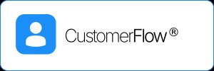 A blue square icon with a white person silhouette, next to the text 'CustomerFlow®' on a white background.
