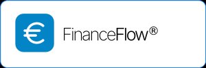 Logo for FinanceFlow, featuring a blue icon with a white Euro symbol next to the company name.