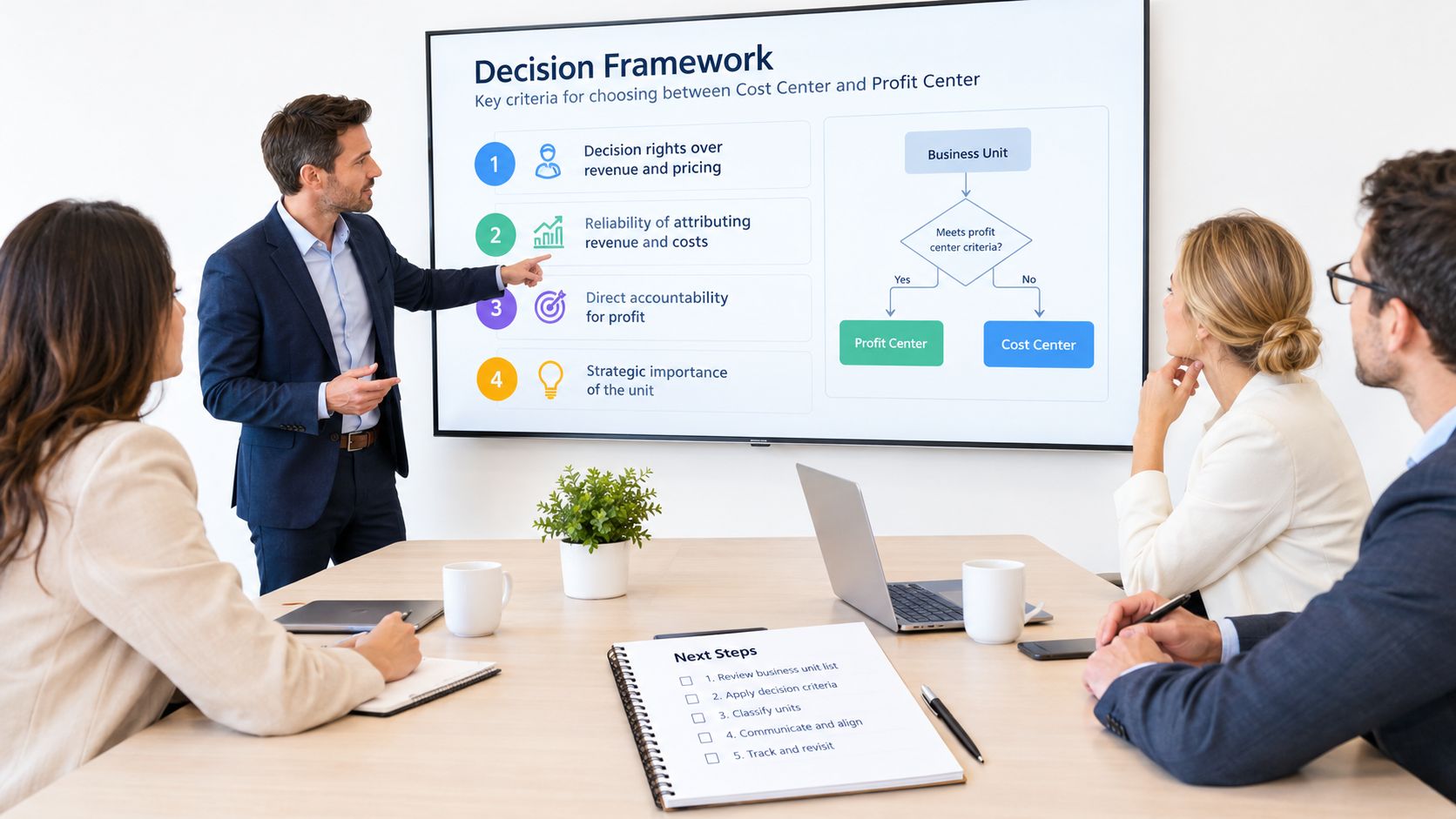 A professional business meeting where a manager explains the decision framework between cost and profit centers.