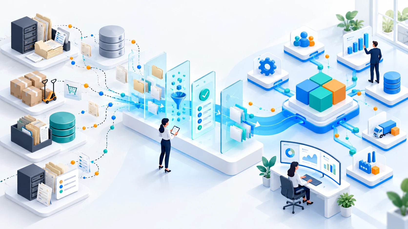 Legacy records moving through data validation into connected ERP processes