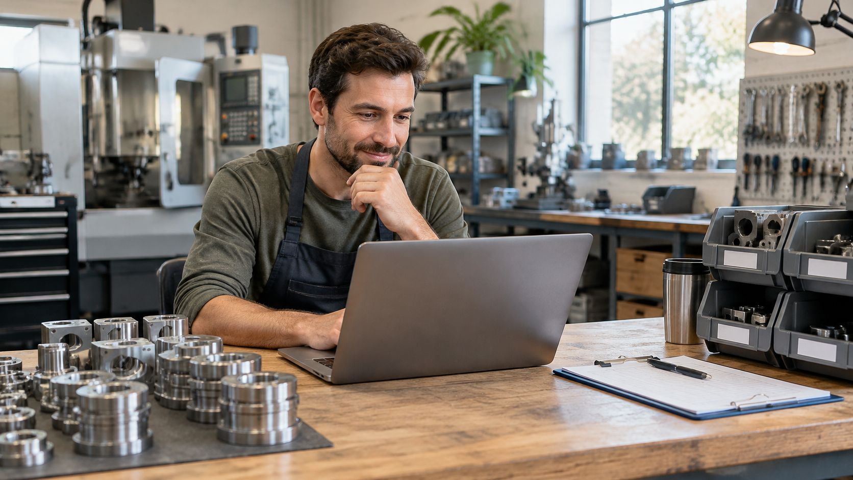 A skilled machinist working on a laptop at a workbench in a modern manufacturing workshop environment.