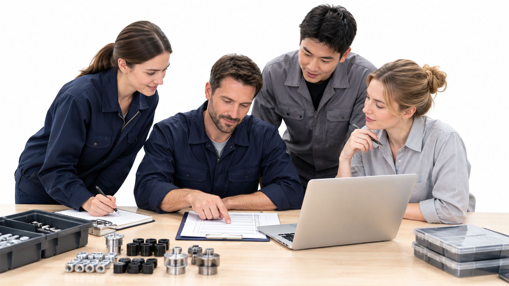 A team of diverse professionals in manufacturing work attire collaborating on technical documents and software on a laptop.