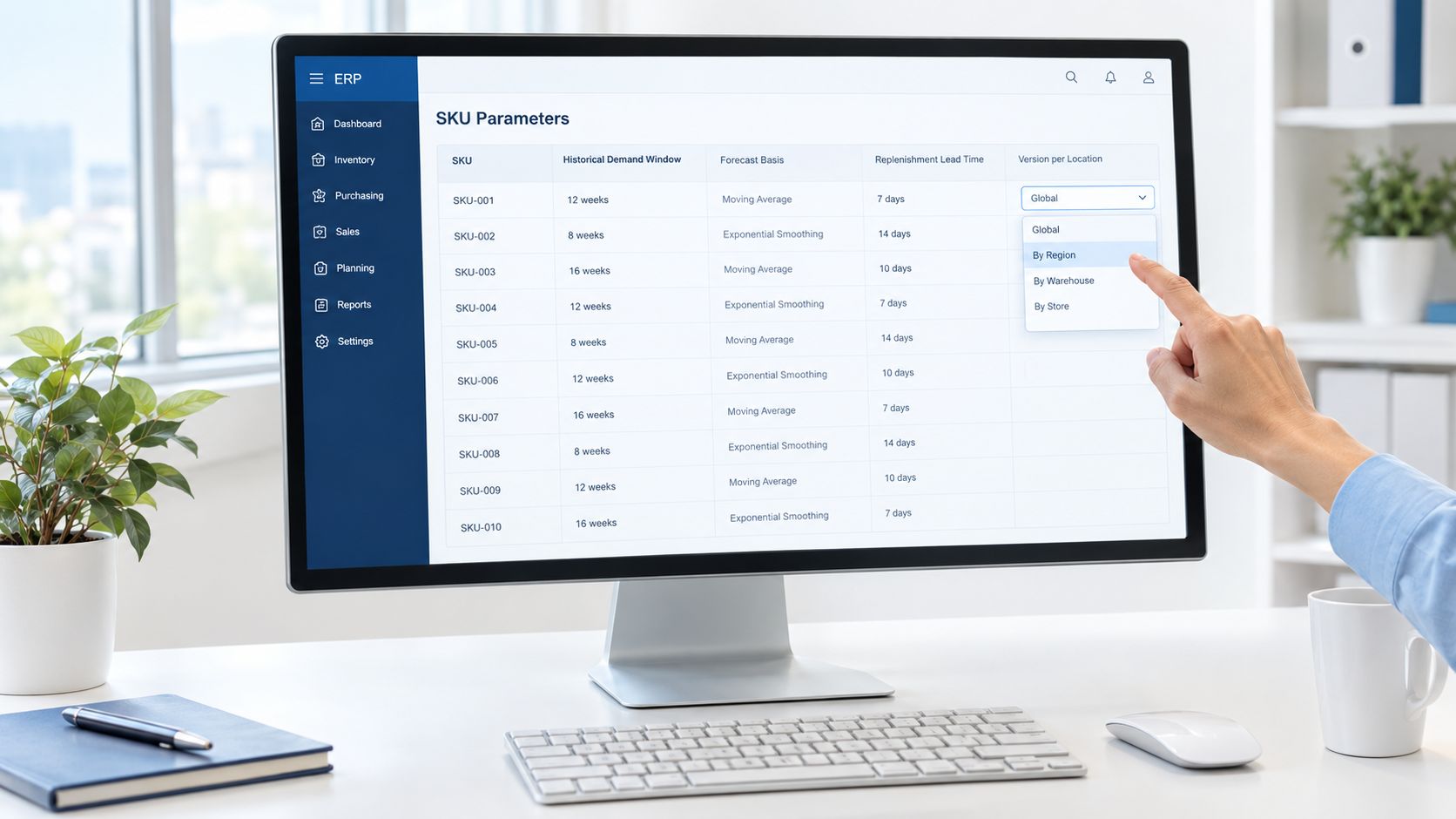 A person selecting By Region in the version per location dropdown menu on an ERP dashboard screen.